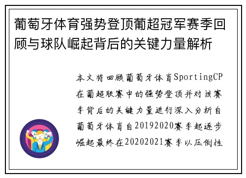 葡萄牙体育强势登顶葡超冠军赛季回顾与球队崛起背后的关键力量解析