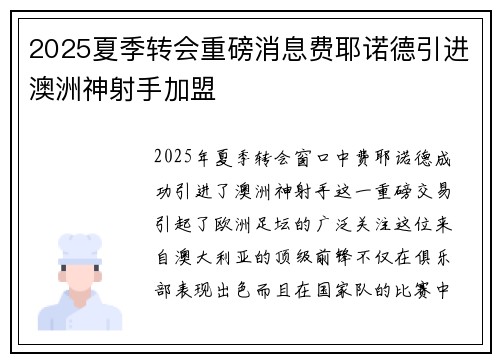 2025夏季转会重磅消息费耶诺德引进澳洲神射手加盟