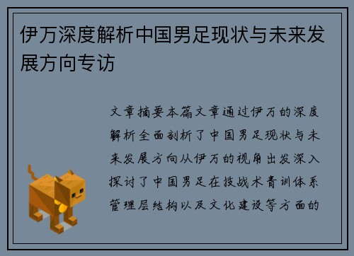 伊万深度解析中国男足现状与未来发展方向专访