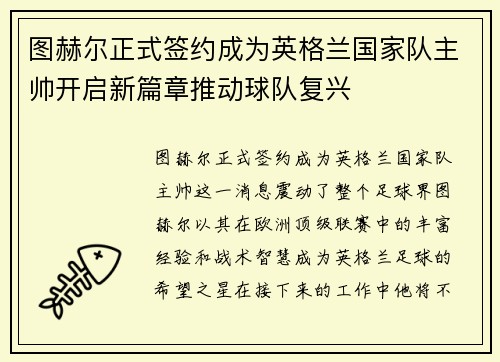 图赫尔正式签约成为英格兰国家队主帅开启新篇章推动球队复兴